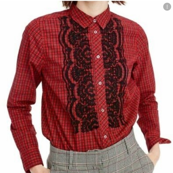 J. Crew Tops - J. Crew Tartan Plaid Ruffled Embellished Buttondown Shirt Red Size 4 T110